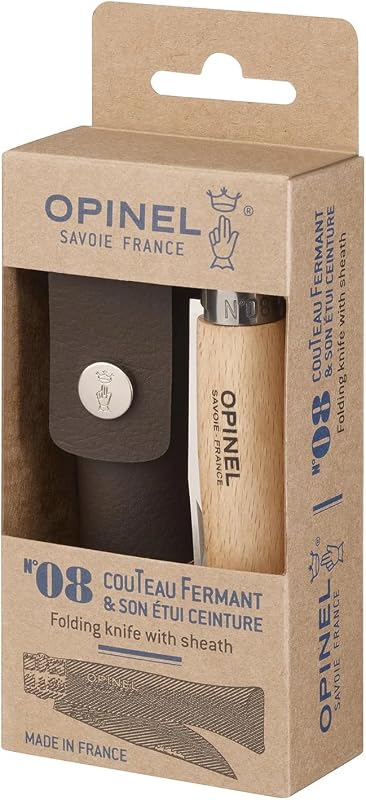 OPINEL - N°08 Inox and Alpine Case - Wooden Folding Pocket Knife - Yatagan Stainless Steel Pocket Knife - Stai