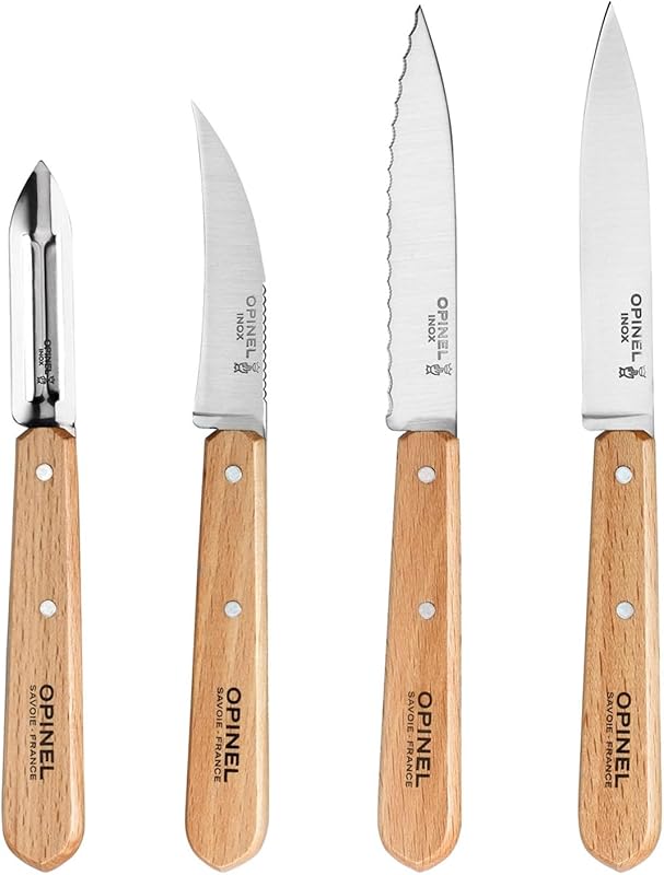 Opinel - Set of 4 Les Essentiels Kitchen Knives - N°112 Office, N°113 Notched, N°114 Vegetables, N°115 Peeler 