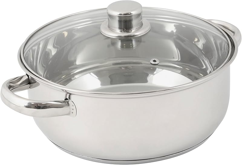Crealys Olympe 502385 Stainless Steel Stewing Pot 4L Diameter 24 cm with Glass Lid – Suitable for All Heat Sou