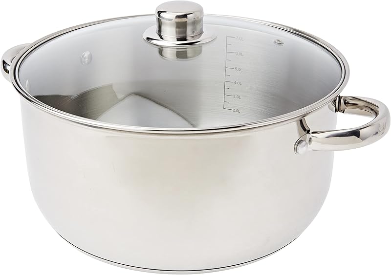 Crealys 502386 Stainless Steel Stewing Pot 8 Litres Diameter 28 cm with Glass Steam Lid for All Heat Sources I
