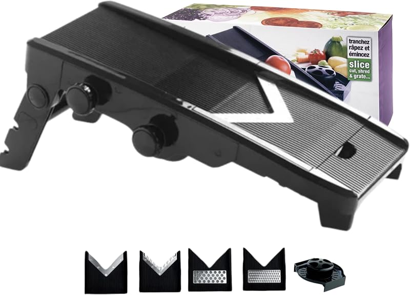 Mastrad - Multi-Blade V-Shaped Mandolin - 6 Stainless Steel Blades - Adjustable Thickness 1 to 9 mm - Slicer,