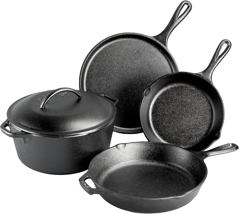 Lodge | 4-Piece Natural Cast Iron Cookware | Casserole Dish, 2 Frying Pans, Crepe Pan | Healthy and PFAS Free 