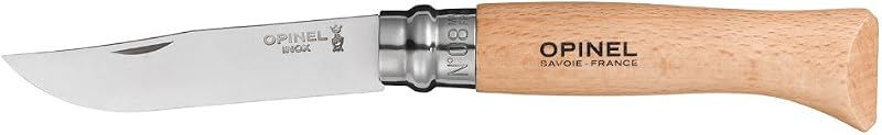 OPINEL Knife No.8, Martensitic Stainless Steel, Easy to Clean, Corro-Resistant, Colourless Varnished Beech Han