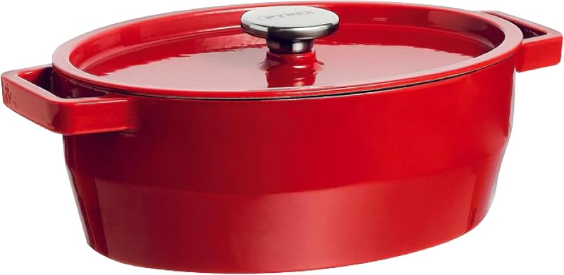Pyrex - Red Oval Cast Iron Casserole 29 cm - Casserole with integrated watering lid - Highly durable enamelled