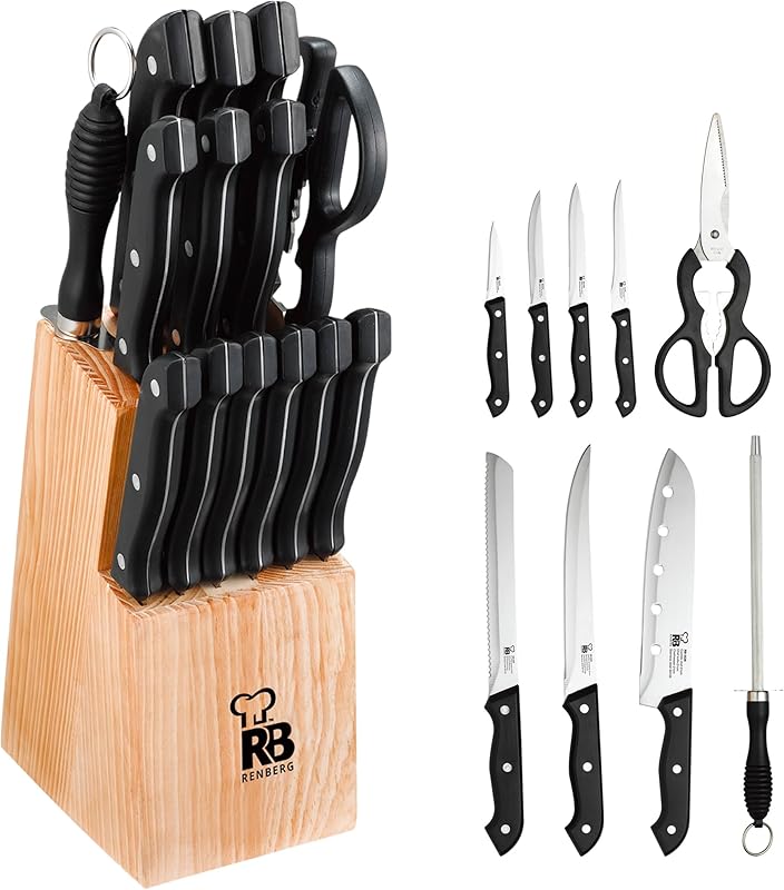 RENBERG Tenessy | Kitchen Knives | Complete Set of 15 Pieces with Wooden Stand | Perfect for Cutting All Types