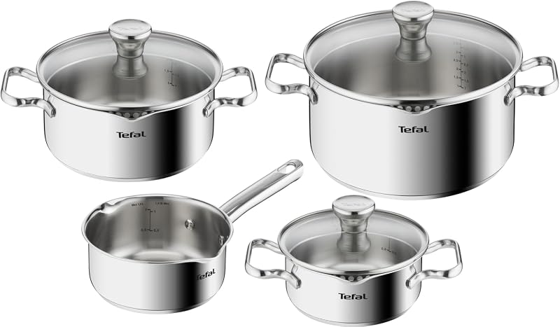 Tefal Duetto A705A835 7-Piece Cookware Set, Saucepan 16 cm, 20 / 24 cm Saucepans + Lids, Induction, Stainless 