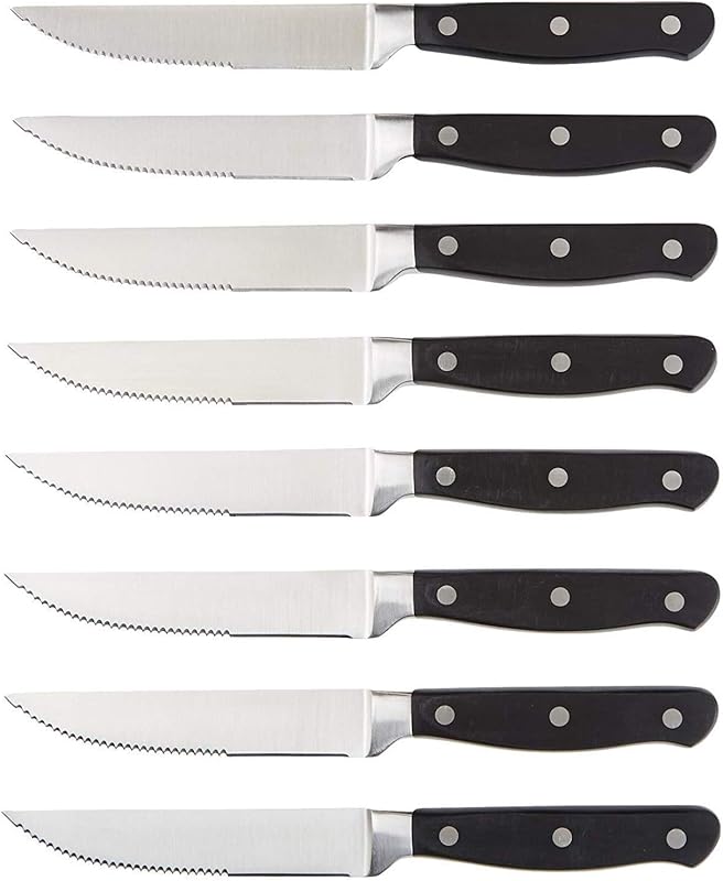 Amazon Basics 8 Piece Steak Knife Set Serrated Steel Blades Ergonomic Handle Black/Stainless Steel