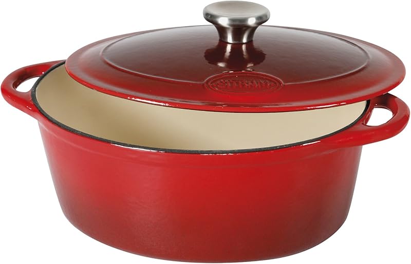 Sitram 710840 Casserole Dish 6.5 L Cast Steel Enamelled Oval Shape, Red/Cream, 33 x 25 x 13.5 cm