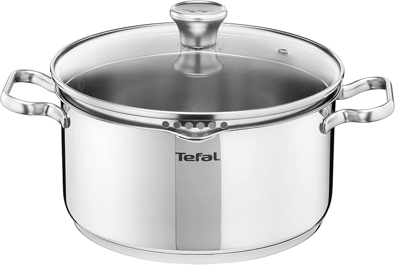 Tefal Duetto A7054663 Dutch Oven 24 cm, Induction, Stainless Steel 18/10, 10 Year Warranty, Glass Filter Lid, 