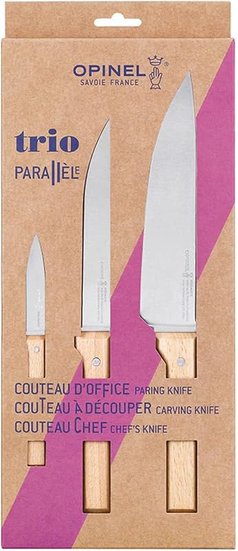 Opinel - Parallel Trio Set, 1 Chef Knife N°118, 1 Cutting Knife N°120, 1 Paring Knife N°126 - Stainless Steel,