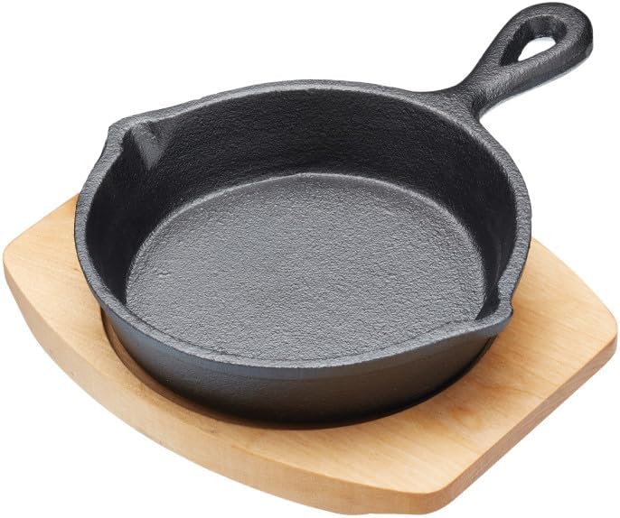 Artesa - Mini Round Cast Iron Frying Pan with Wooden Stand, Multifunctional Pan, 15 x 20 x 3 cm - Black