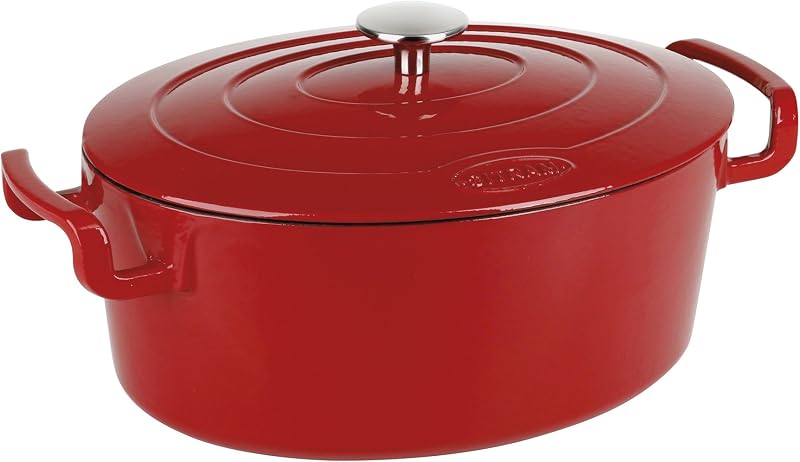 Sitram 711088 Large Capacity Enamelled Cast Iron Oval Casserole Dish 6.5 Litre - Glossy Red Exterior - Matte B