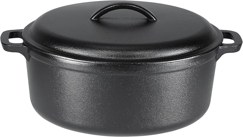 Amazon Basics Round Pre-Seasoned Cast Iron Double Handle Dutch Oven, 6.62 Quart, Black