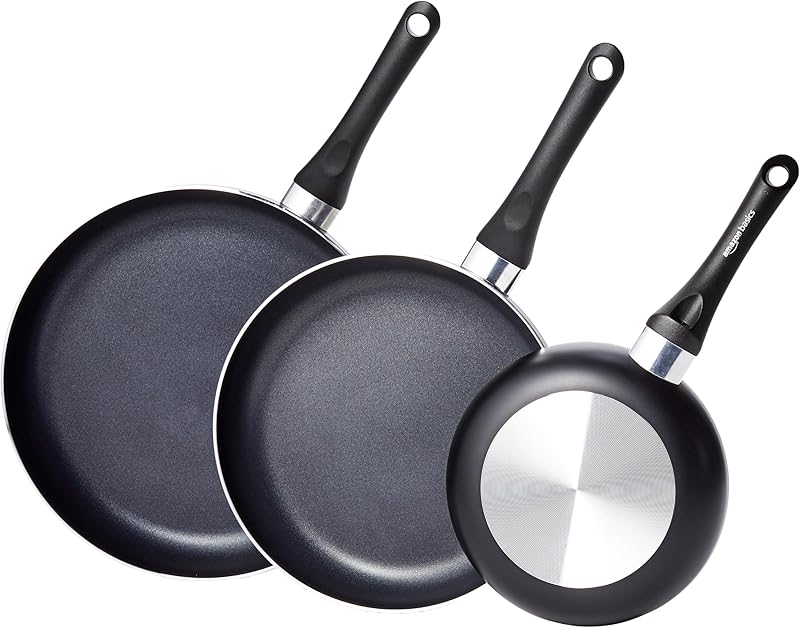 Amazon Basics 3 Piece Non-Stick Frying Pans, 20 cm, 25 cm, 30 cm, Black