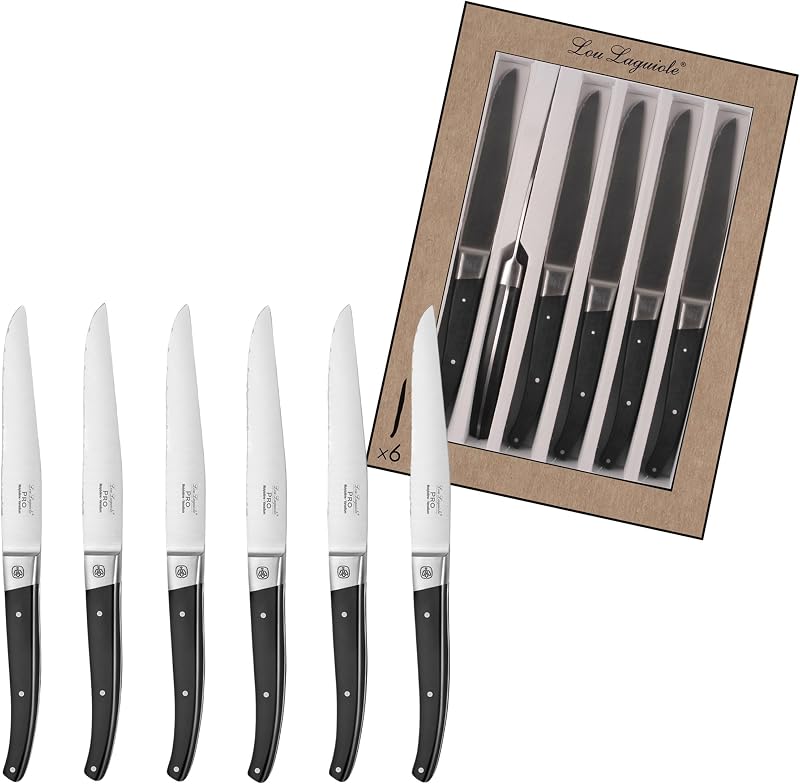 LOU LAGUIOLE Pro - Table steak knife set, microtoothed steak blades, 6 pieces, size 23 cm (blade 11.5 cm), ste