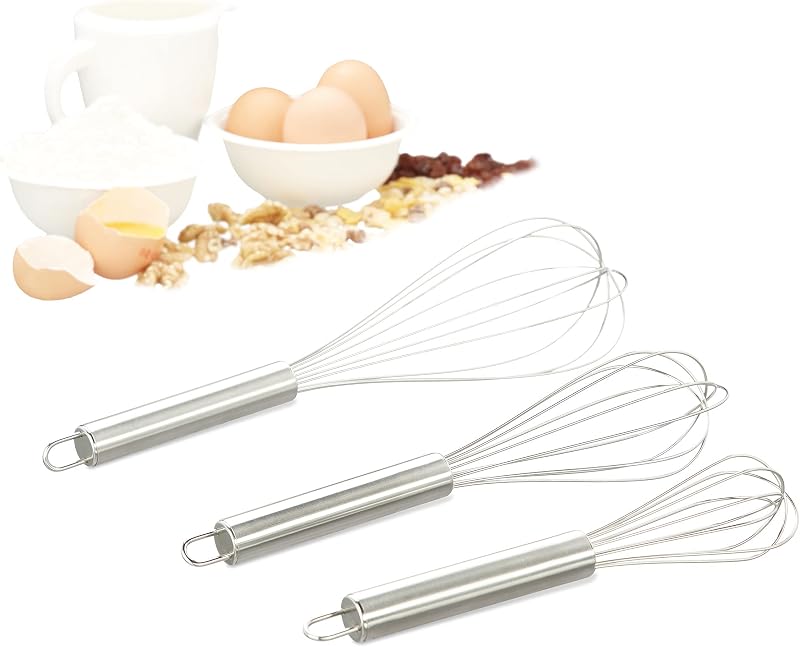 Relaxdays Kitchen Whisk Set of 3 Professional Manual Stainless Steel Balloon Whisk 8 Inch 10 Inch 12 Inch Silv