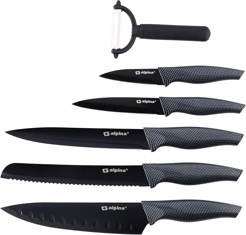 alpina Knife - Set of 6 + Peeler Knife | 5 Sizes | Peeler - Premium Blades with Non-Stick Coating
