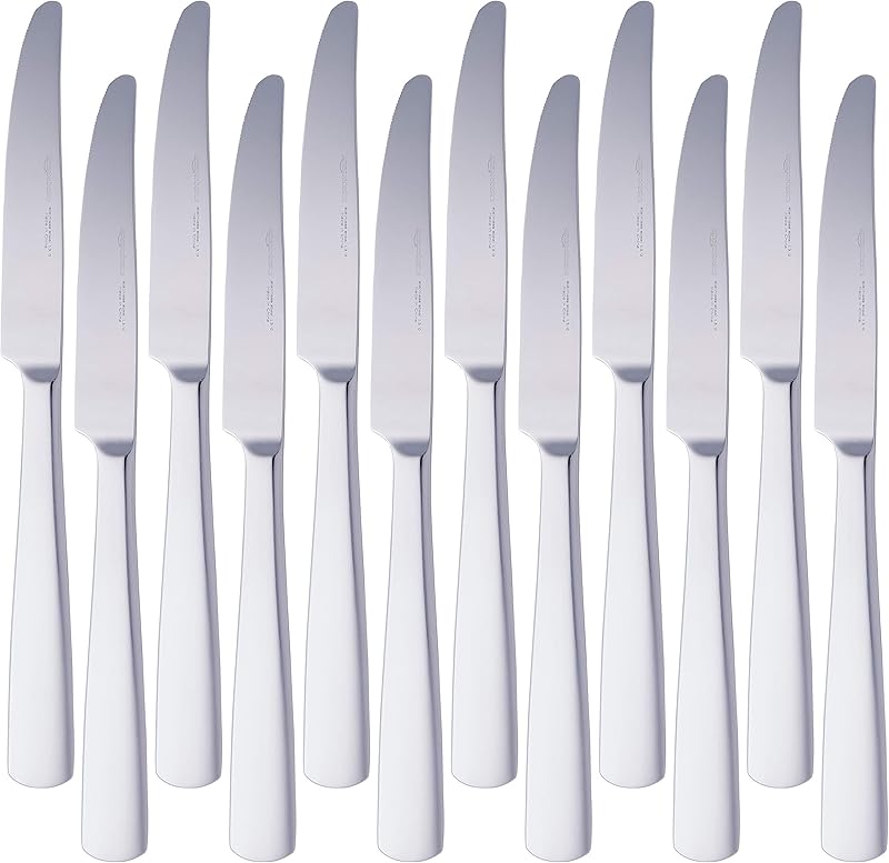 Amazon Basics Cuchillos de mesa de acero inoxidable con borde cuadrado, 12 units, pack of 1, silver