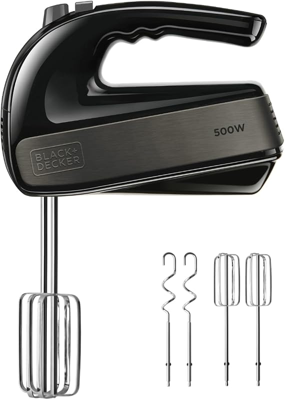 BLACK+DECKER - 500W Electric Mixer | 5 Speeds + Turbo | Stainless Steel Whisks & Hooks | Ergonomic Design | Re