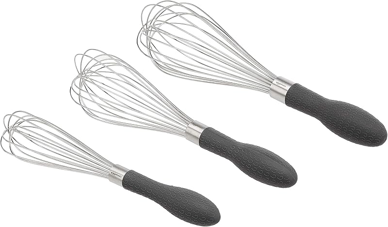 Amazon Basics Wire Whisk, Stainless Steel, Grey, Pack of 3