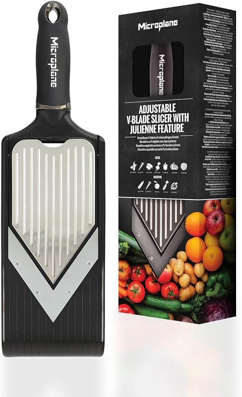 Adjustable V-shaped mandolin with julienne grater, with finger guard included