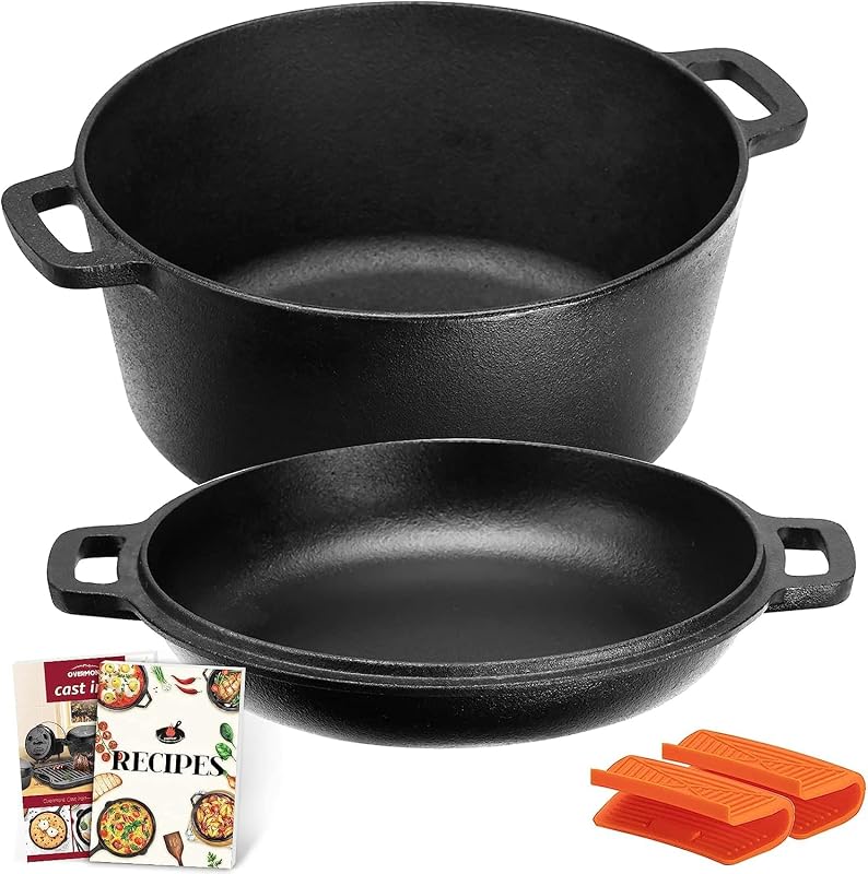 OVERMONT Cast Iron 2-in-1 Casserole Dish, Pre-Seasoned, 3-5 People, 2 Handles | 4.6L capacity for 3-5 people; 
