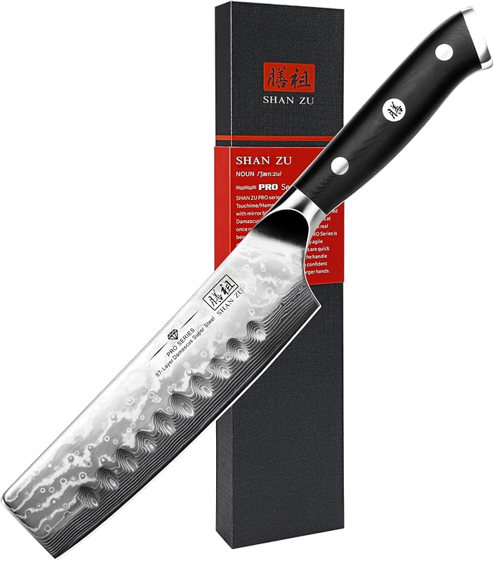 SHAN ZU Couteau de Cuisine Nakiri Damas, Couteau Nakiri 16,5cm, Couteau à Légumes Professionnel en Acier Japon
