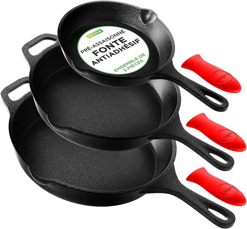 NutriChef 3 Piece Induction Cast Iron Frying Pans Set - Pre-Seasoned Frying Pans Set with Stirring, All Cooker