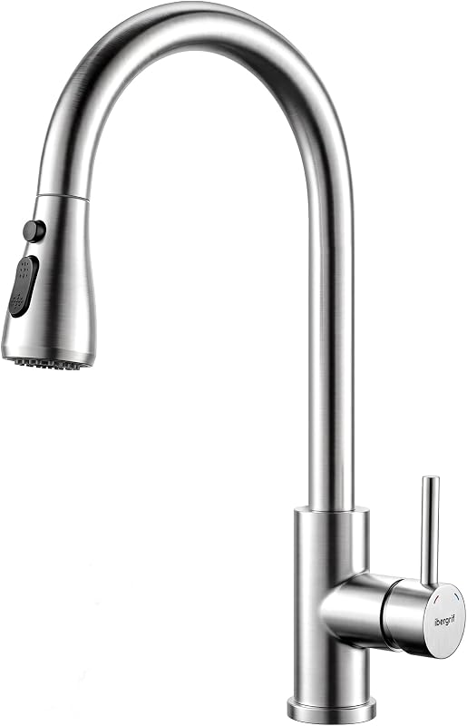 Ibergrif M22137 Kitchen Mixer Tap 360° Stainless Steel | Pull Out Shower, 3 Spray Modes, High Arc, Brushed Fin
