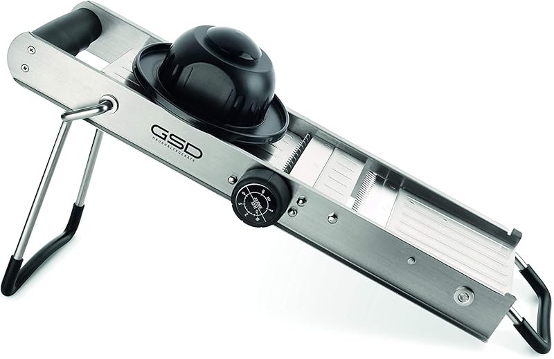 GSD Professional Mandolin Mandolin, Stainless Steel/Silver Plastic with Ergonomic Stand and Rubber Feet, Size: