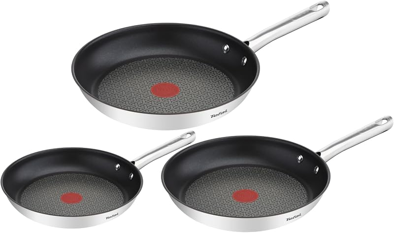 Tefal Duetto 3-Piece Frying Pan Set, 20/24/28 cm, Induction, Stainless Steel, Non-Stick Coating, Thermo-Spot,