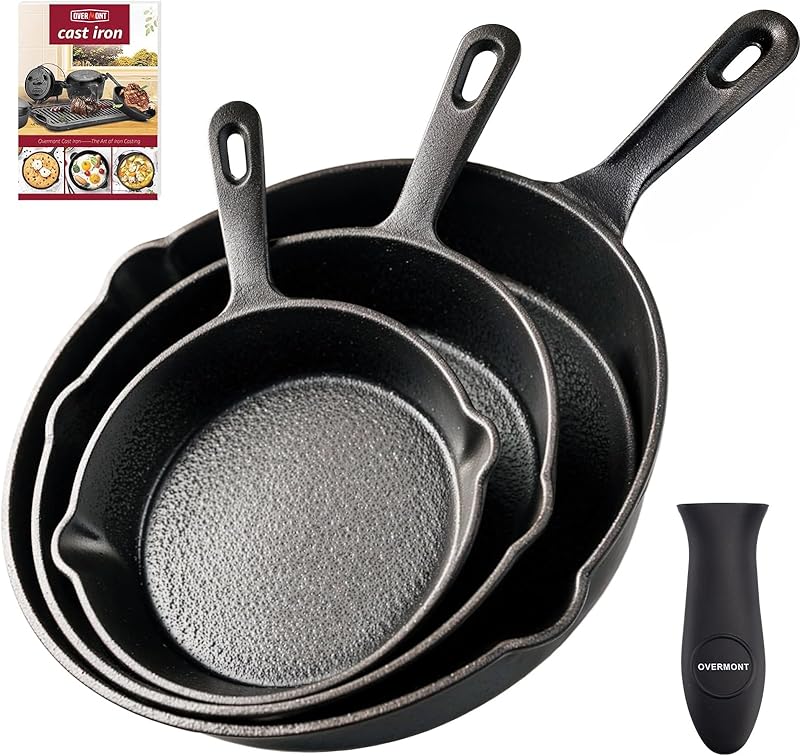 OVERMONT 3 x Cast Iron Frying Pans 15.5 / 19.5 / 24.5 cm Stackable | SPACE SAVING - 3 stackable frying pans, e