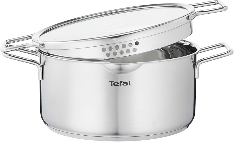 Tefal Nordica H8524635 Stewing Pot 24 cm (5 L) Stainless Steel with Glass Lid, Heat Distribution Base, Pouring