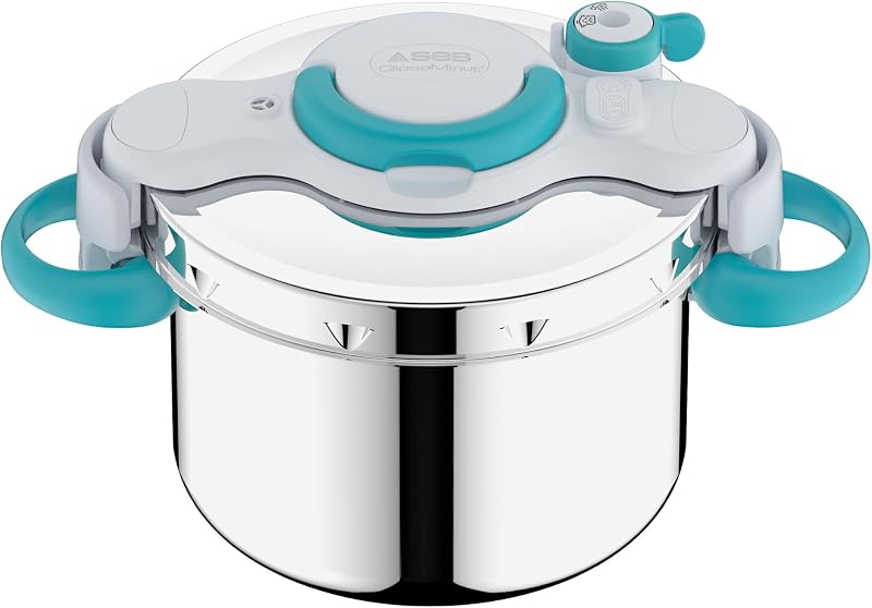 SEB ClipsoMinut'Easy + Blue 7.5L Folding Handles Pressure Cooker Induction Book of 100 Recipes Stainless Steel