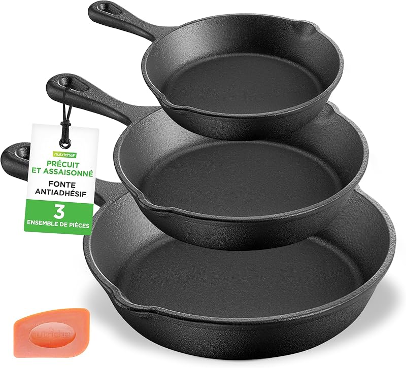 NutriChef Nutrichef NCCI76 3 Piece Pre-Seasoned Cast Iron Pans - Natural Non-stick Healthy Cooking, All Heat I