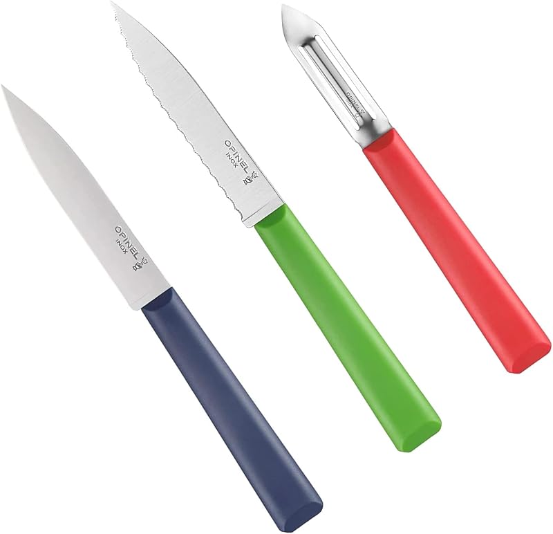 Opinel - Trio Les Essentiels+ set, 1 serrated knife, 1 paring knife, 1 peeler - Stainless steel blade - Sturdy