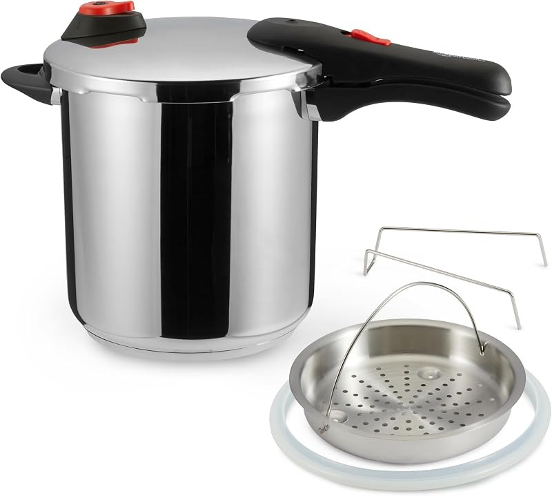 Amazon Basics Stainless Steel Pressure Cooker with Steamer and Extra Silicone Ring, 9L with Basket