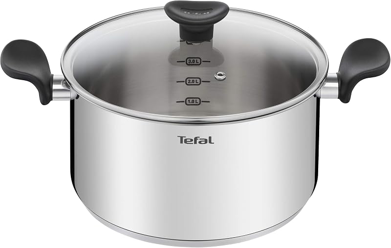 Tefal Primary E3084604 Cooking Pot 24 cm (5 L) + Glass Lid, Induction, High Quality Stainless Steel, 10-Year W