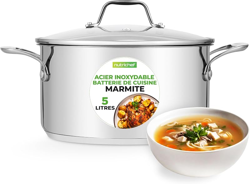 NutriChef Saucepan - 5 Litre Stainless Steel Stewing Pot - 18-8 - Food Grade Resistant All Heat Sources - Stew