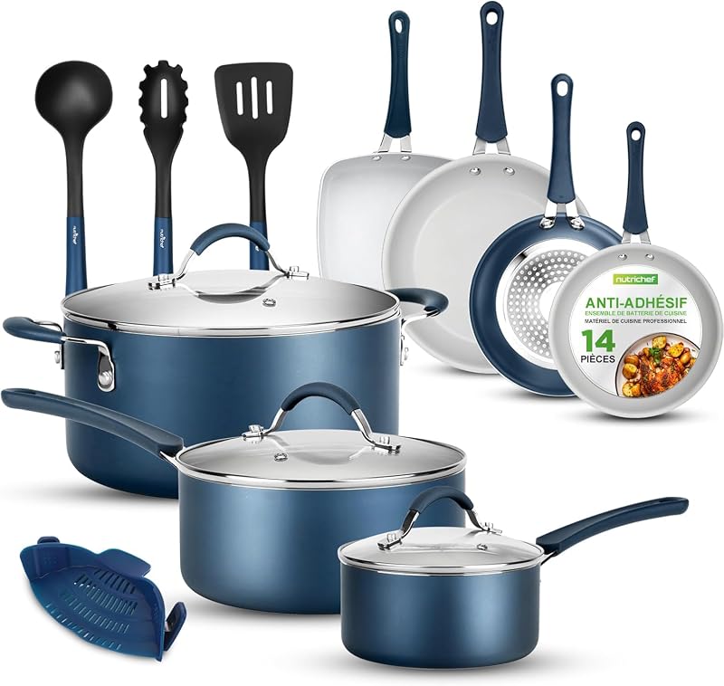 NutriChef 14 Piece Non Stick Induction Cookware Set Blue - Saucepans Casserole Pans with Lids and Kitchen Uten