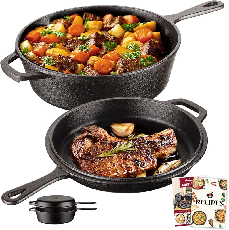 OVERMONT Cast Iron 2-in-1 Casserole Dish, Pre-Seasoned, 2-3 Person, Long Handle | 3L capacity for 2-3 people; 