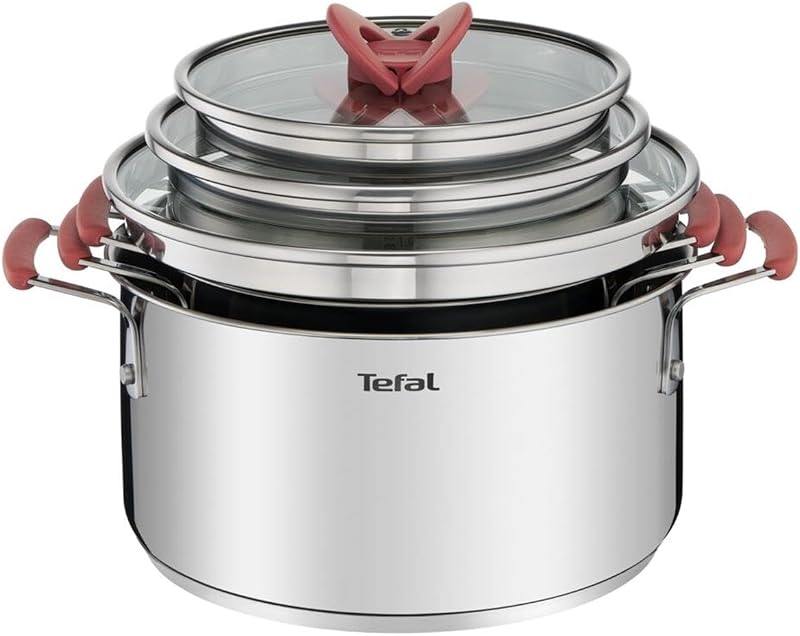 Tefal Opti'Space Set of 3 Stewpots 18/20/24 cm + 3 Glass Lids, Induction, Stainless Steel, Stackable G720S674,