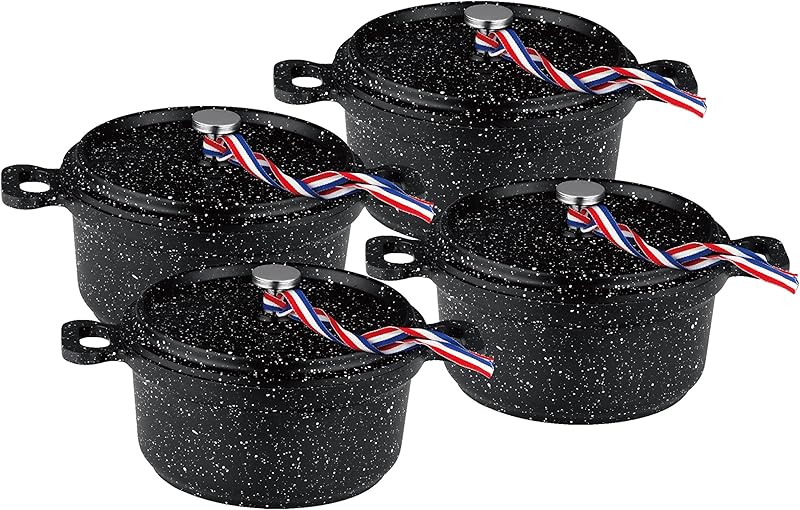 KAMBERG - 0008199 - Set of 4 Mini Casserole Dishes Ø 12 cm Round Black - Cast Aluminium - Stone Coated - Suita