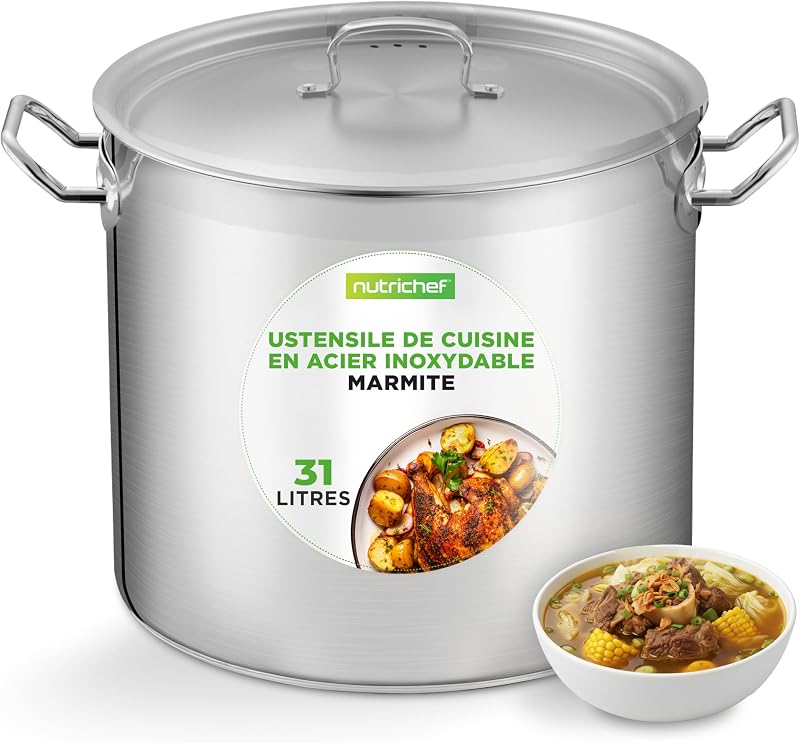 NutriChef 35 QT Stainless Steel Stock Pot (31 L) with Lid – Large Soup Pot, Stainless Steel Casserole for All 