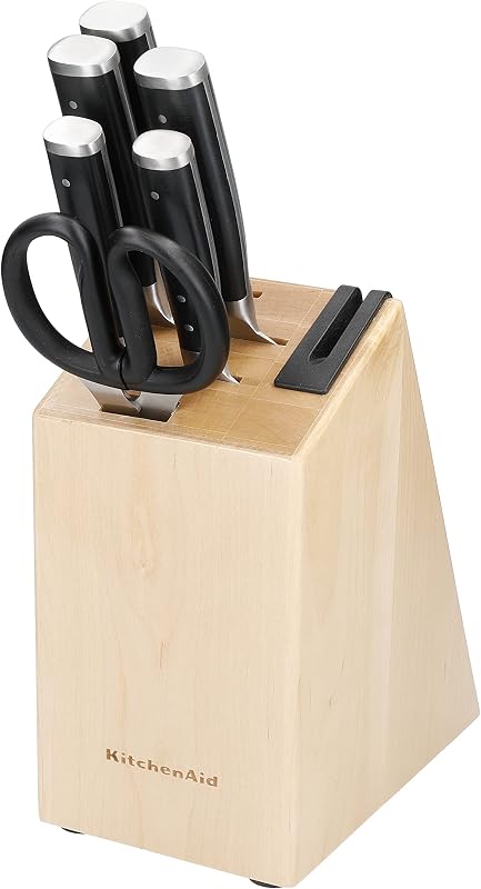 KitchenAid Gourmet 6 Piece Knife Set with Storage Block, Black Handles, Japanese Steel - 5 Knives, Scissors an