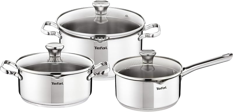 Tefal 6-Piece Cookware Set, Saucepan 16 cm, Saucepan 20/24 cm, Glass Lids, Induction, Stainless Steel 18/10, 1