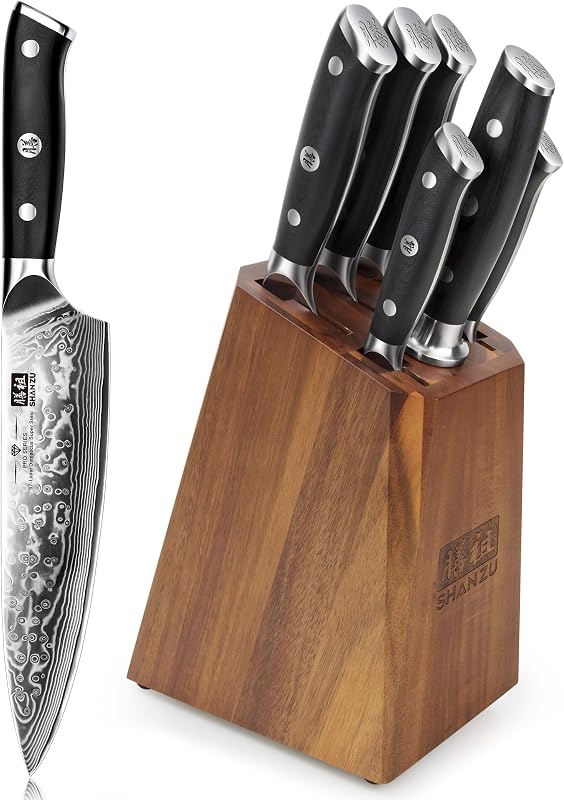 SHAN ZU Damascus Kitchen Knife Block, 7 Piece Damascus Kitchen Knife Set with Sharpener, Japanese Steel Chef's