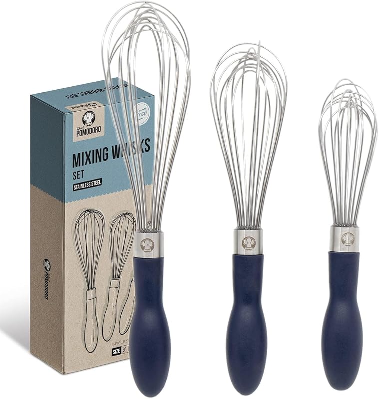 Chef Pomodoro Stainless Steel Kitchen Whisk Set of 3 Stirring Mixing Dough Whisk Snow Whites Ergonomic Handle 