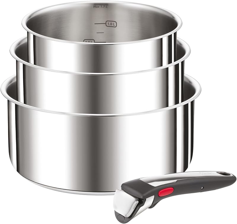 Tefal Ingenio Set of 4 Pans 16/18/20 cm + 1 Removable Handle, Induction, Stainless Steel, Stackable, Space-Sav