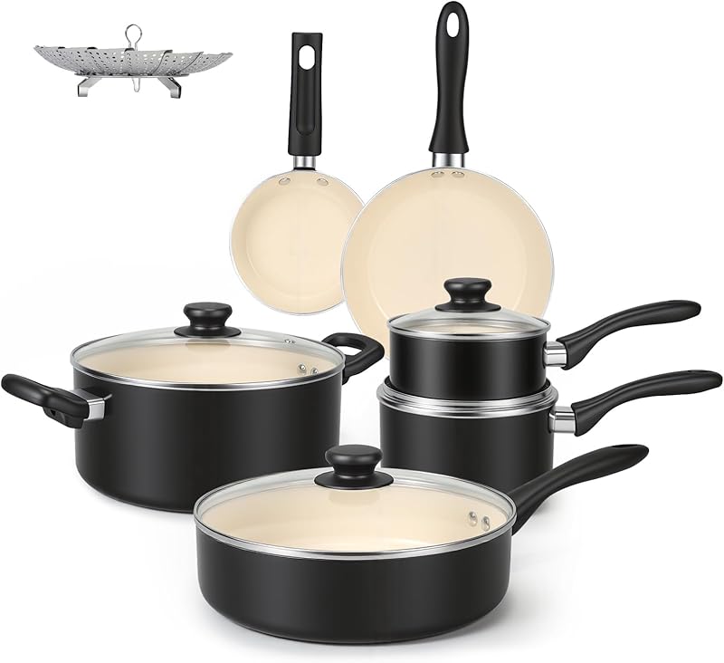 Amazon Basics 11 Piece Black Cream Ceramic Non-Stick Cookware Set